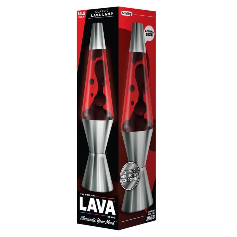 20890400US_Image2 The packaging of a 14.5 inch classic Lava brand motion lamp by Schylling. The box features images of the Lava Lamp with silver reflective chrome base and cap, with red lava inside. The text on the box reads "Silver Reflective Chrome" and "The Original Lava Brand - Illuminate Your Mood."
